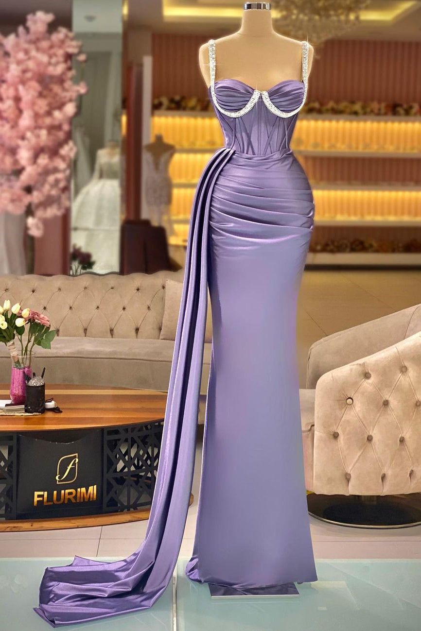 Gorgeous Long Purple Mermaid Sleeveless Straps Prom Dress with Graceful Ruffles BM bride