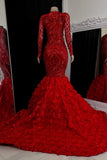 BMbride Gorgeous Long Red Mermaid V-neck Lace Prom Dress With Long Sleeves BMbride
