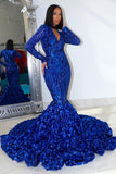 BMbride Gorgeous Long Red Mermaid V-neck Lace Prom Dress With Long Sleeves BMbride