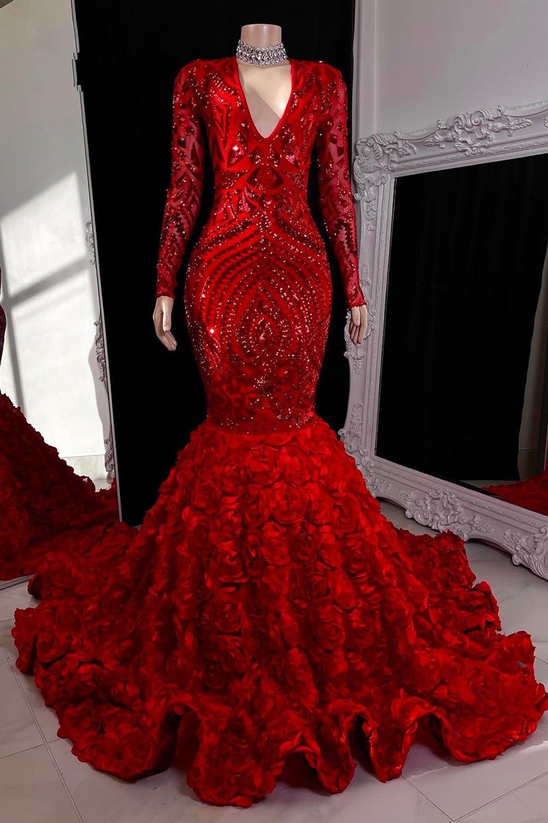 BMbride Gorgeous Long Red Mermaid V-neck Lace Prom Dress With Long Sleeves BMbride