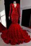 BMbride Gorgeous Long Red Mermaid V-neck Lace Prom Dress With Long Sleeves BMbride