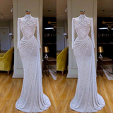 BMbride Gorgeous Long White Mermaid High Neck Sequined Prom Dress With Long Sleeves BMbride
