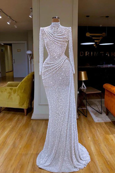 BMbride Gorgeous Long White Mermaid High Neck Sequined Prom Dress With Long Sleeves BMbride