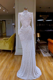 BMbride Gorgeous Long White Mermaid High Neck Sequined Prom Dress With Long Sleeves BMbride