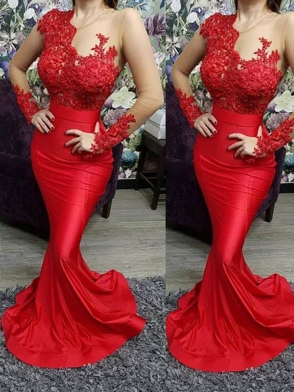 Gorgeous Mermaid Applique Scoop Satin Long Sleeves Prom Dresses BM bride