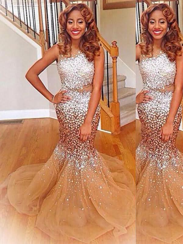Gorgeous Mermaid Bateau Sleeveless Sequin Tulle Prom Dresses BM bride