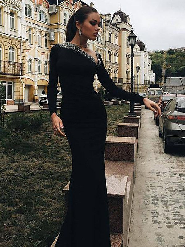 BMbride Gorgeous Mermaid Long Sleeves One-Shoulder Spandex Beading Prom Dresses BMbride