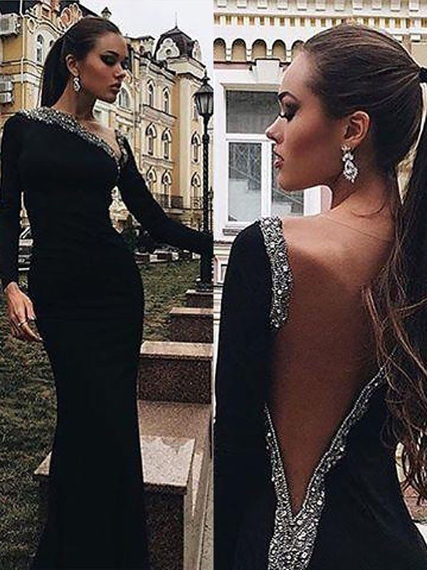 BMbride Gorgeous Mermaid Long Sleeves One-Shoulder Spandex Beading Prom Dresses BMbride