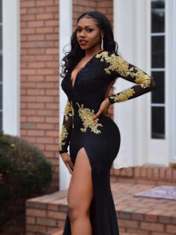 BMbride Gorgeous Mermaid Long Sleeves V-neck Court Train Spandex Beading Prom Dresses BMbride