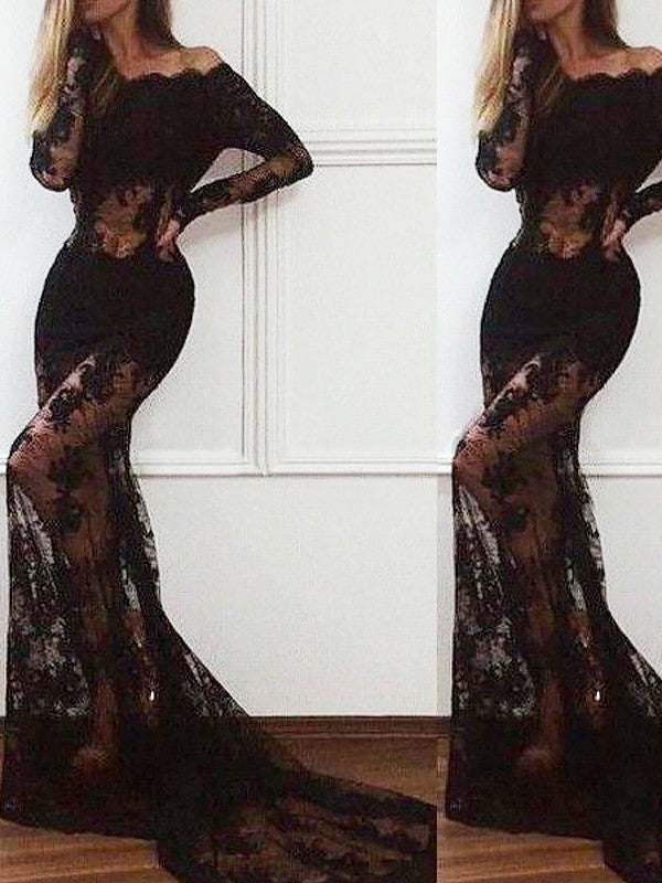 Gorgeous Mermaid Off-the-Shoulder Long Sleeves Lace Prom Dresses BM bride