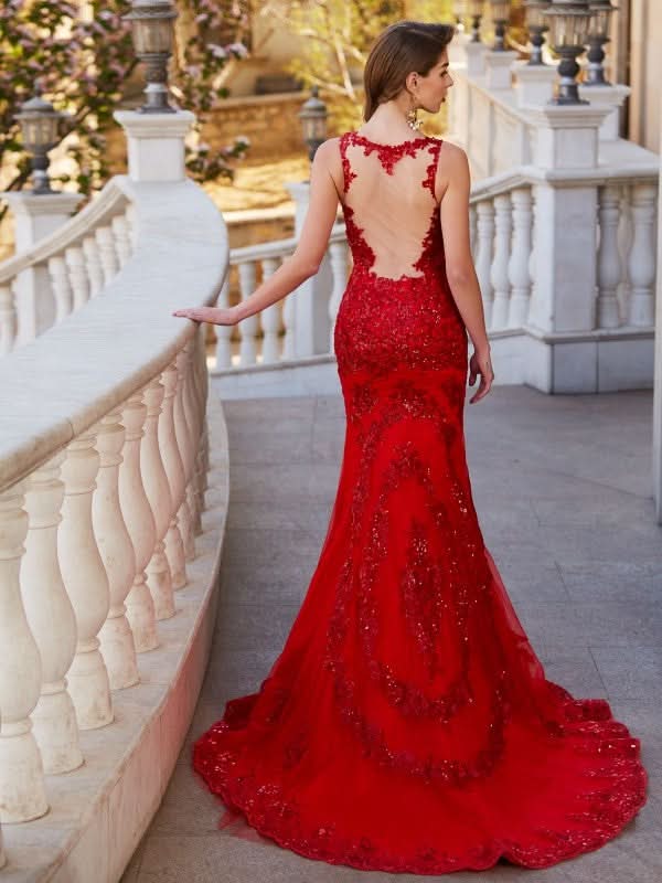 BMbride Gorgeous Mermaid Sheer Neck Sleeveless Applique Tulle Prom Dresses BMbride