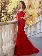 BMbride Gorgeous Mermaid Sheer Neck Sleeveless Applique Tulle Prom Dresses BMbride