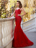 BMbride Gorgeous Mermaid Sheer Neck Sleeveless Applique Tulle Prom Dresses BMbride