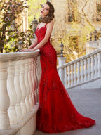 BMbride Gorgeous Mermaid Sheer Neck Sleeveless Applique Tulle Prom Dresses BMbride