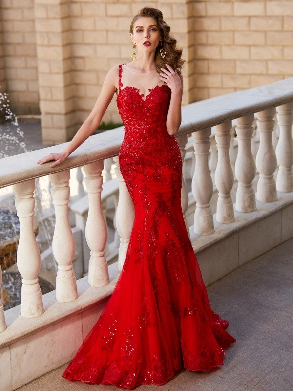 BMbride Gorgeous Mermaid Sheer Neck Sleeveless Applique Tulle Prom Dresses BMbride