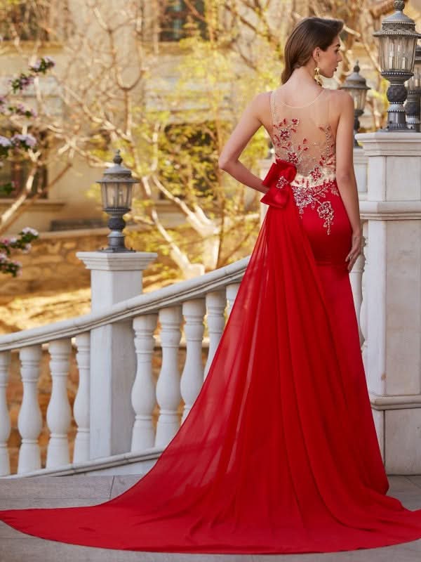 BMbride Gorgeous Mermaid Sheer Neck Sleeveless Court Train Applique Stain Prom Dresses BMbride
