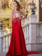 BMbride Gorgeous Mermaid Sheer Neck Sleeveless Court Train Applique Stain Prom Dresses BMbride