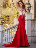 BMbride Gorgeous Mermaid Sheer Neck Sleeveless Court Train Applique Stain Prom Dresses BMbride