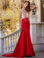 BMbride Gorgeous Mermaid Sheer Neck Sleeveless Court Train Applique Stain Prom Dresses BMbride