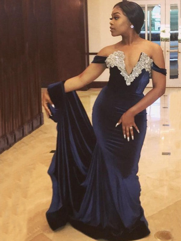 BMbride Gorgeous Mermaid Sleeveless Off-the-Shoulder Applique Velvet Prom Dresses BMbride