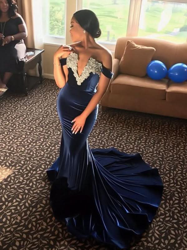 BMbride Gorgeous Mermaid Sleeveless Off-the-Shoulder Applique Velvet Prom Dresses BMbride