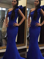 BMbride Gorgeous Mermaid Sleeveless One-Shoulder Ruffles Stretch Crepe Prom Dresses BMbride
