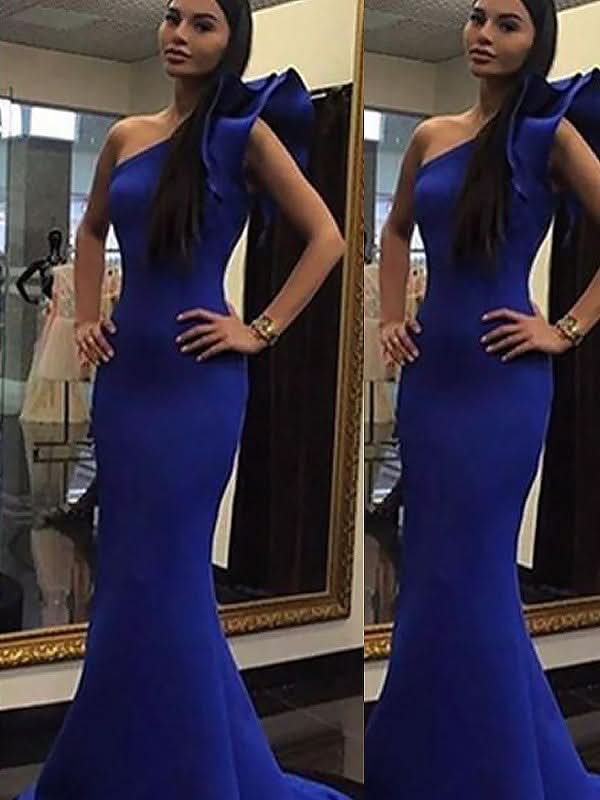 BMbride Gorgeous Mermaid Sleeveless One-Shoulder Ruffles Stretch Crepe Prom Dresses BMbride