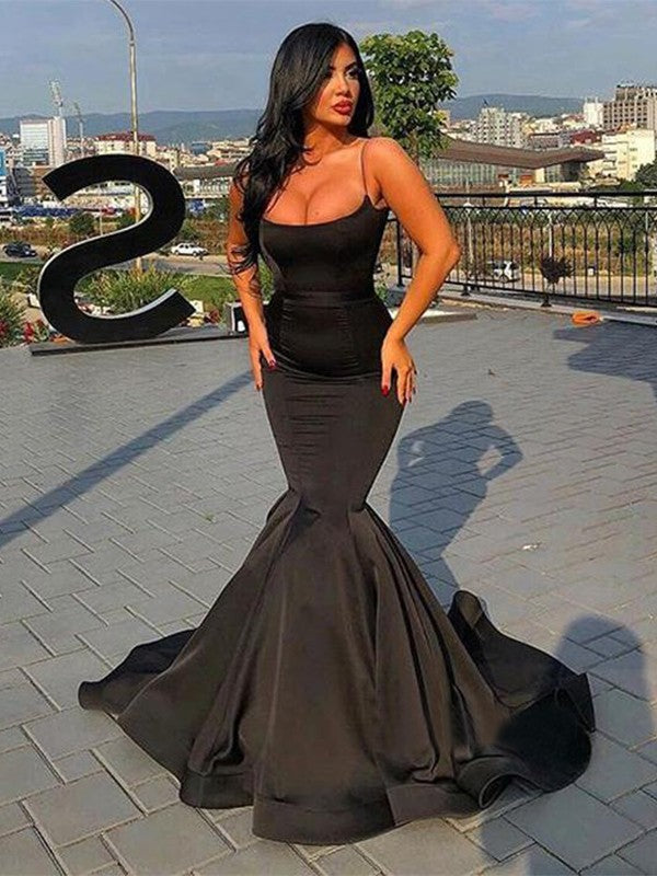 Gorgeous Mermaid Sleeveless Spaghetti Straps Ruffles Satin Prom Dresses BM bride