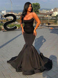 Gorgeous Mermaid Sleeveless Spaghetti Straps Ruffles Satin Prom Dresses BM bride