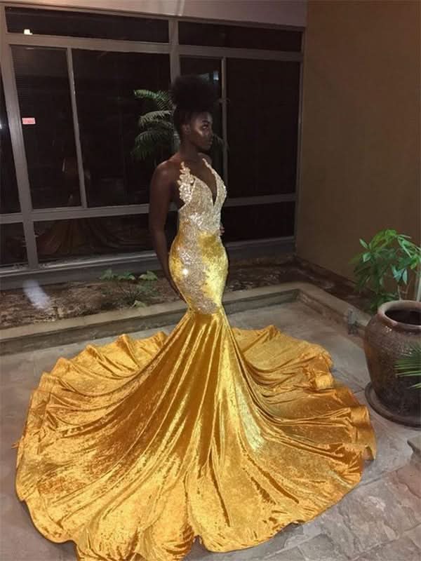 Gorgeous Mermaid Sleeveless V-neck Court Train Lace Velvet Prom Gowns BM bride