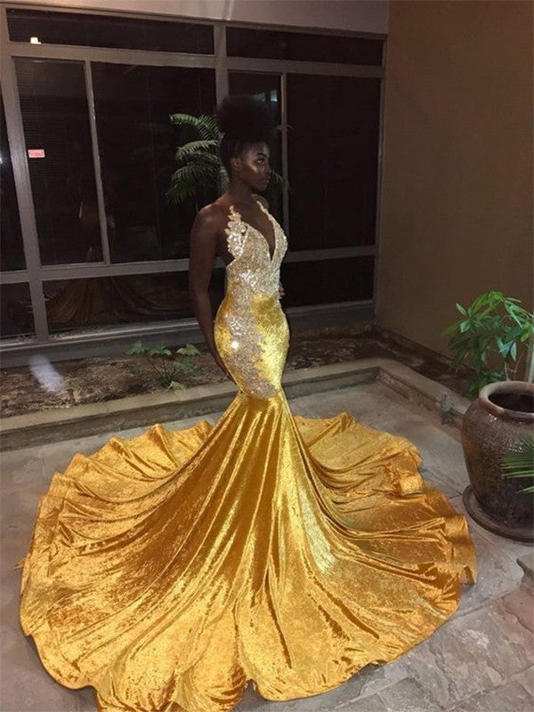 BMbride Gorgeous Mermaid Sleeveless V-neck Court Train Lace Velvet Prom Dresses BMbride