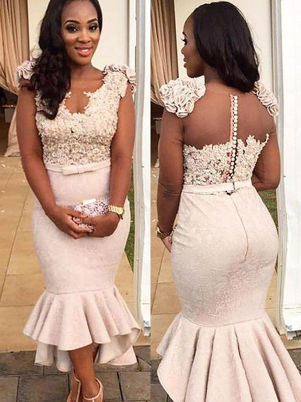 BMbride Gorgeous Mermaid Sleeveless V-neck Satin Beading Asymmetrical Prom Dresses BMbride