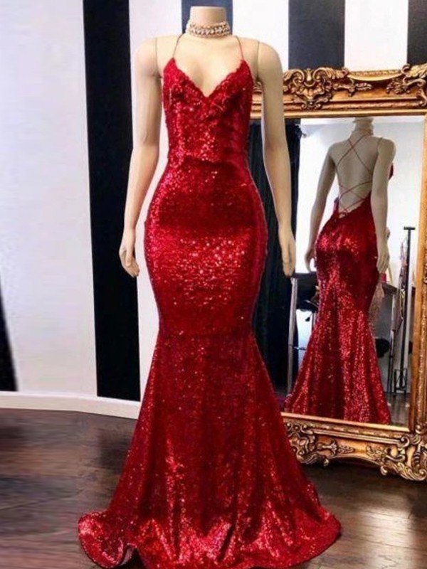 Gorgeous Mermaid Spaghetti Straps Sleeveless Sequins Prom Dresses BM bride