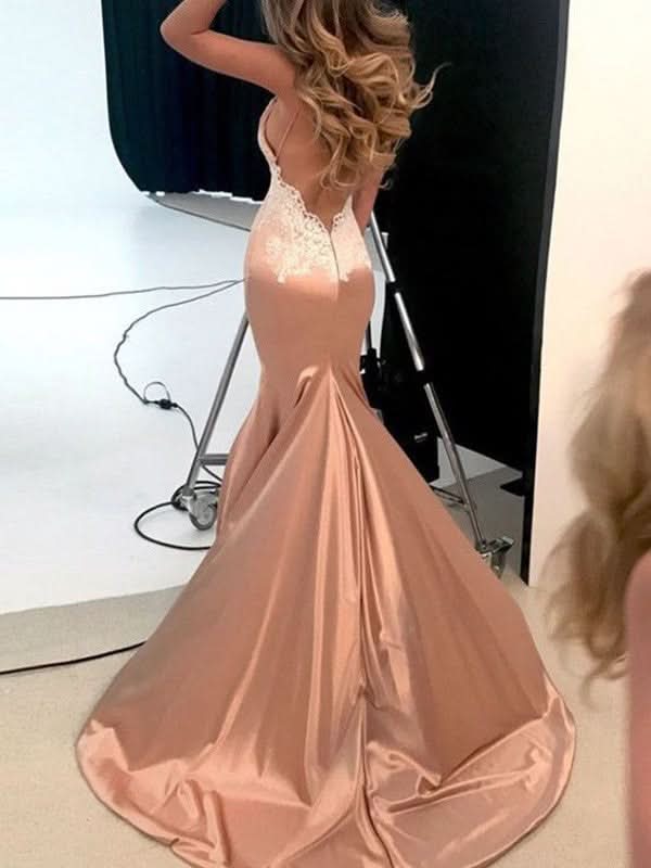 BMbride Gorgeous Mermaid Straps V-neck Sleeveless Applique Silk like Satin Prom Dresses BMbride