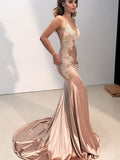 BMbride Gorgeous Mermaid Straps V-neck Sleeveless Applique Silk like Satin Prom Dresses BMbride