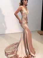 BMbride Gorgeous Mermaid Straps V-neck Sleeveless Applique Silk like Satin Prom Dresses BMbride
