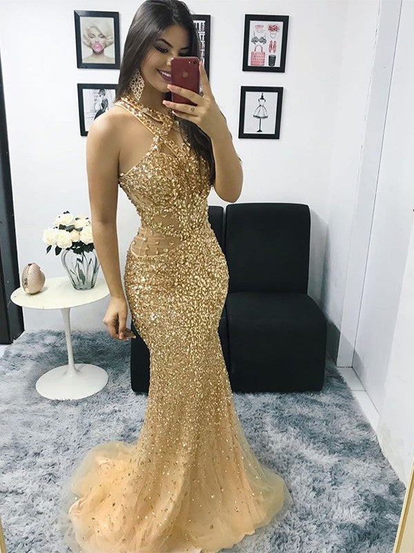 Gorgeous Mermaid Tulle Beading Halter Sleeveless Prom Dresses BM bride