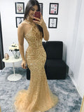 Gorgeous Mermaid Tulle Beading Halter Sleeveless Prom Dresses BM bride