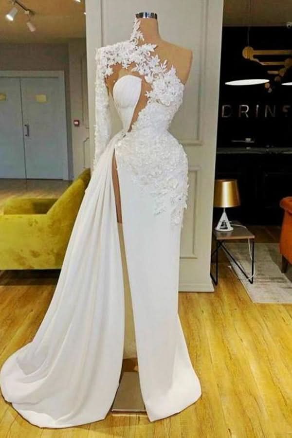 BMbride Gorgeous One Shoulder Long Sleeve Prom Dress With Lace Appliques Side Slit BMbride