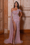 Gorgeous One-Shoulder Sequined Mermaid Prom Dress With an Alluring Slit BM bride