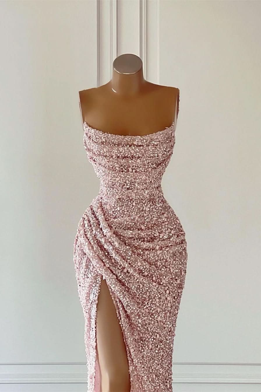 BMbride Gorgeous Pink Sequined Sleeveless Prom Dress With Slit BMbride