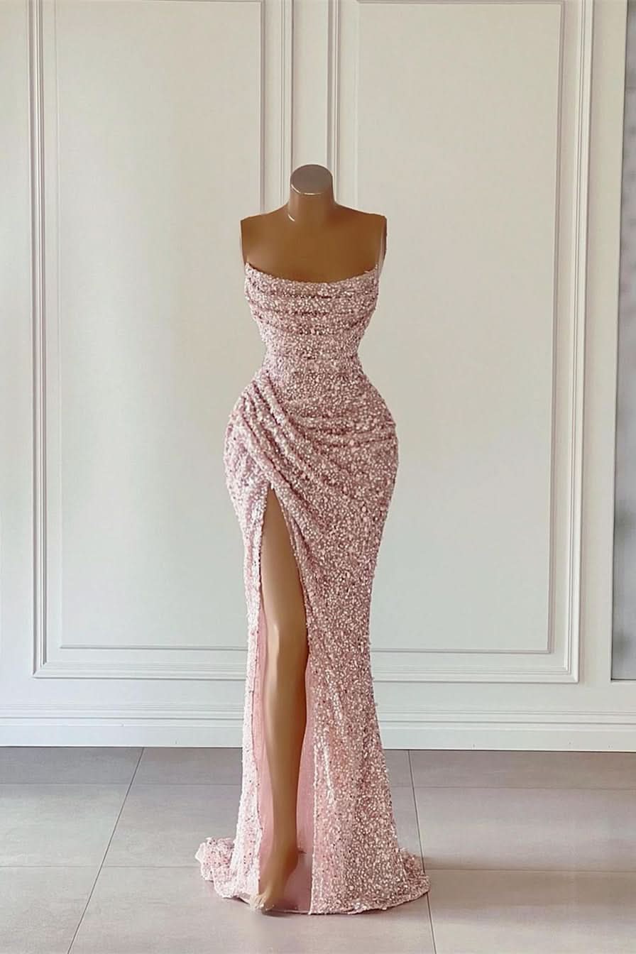 BMbride Gorgeous Pink Sequined Sleeveless Prom Dress With Slit BMbride