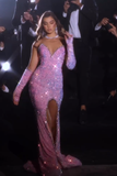 BMbride Gorgeous Pink Sleeveless Split Front Mermaid Prom Dress With Glitter BMbride