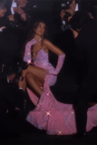 BMbride Gorgeous Pink Sleeveless Split Front Mermaid Prom Dress With Glitter BMbride