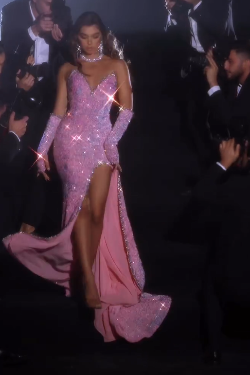 BMbride Gorgeous Pink Sleeveless Split Front Mermaid Prom Dress With Glitter BMbride