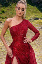BMbride Gorgeous Red Beading One Shoulder Long A-line Prom Dress With Slit BMbride