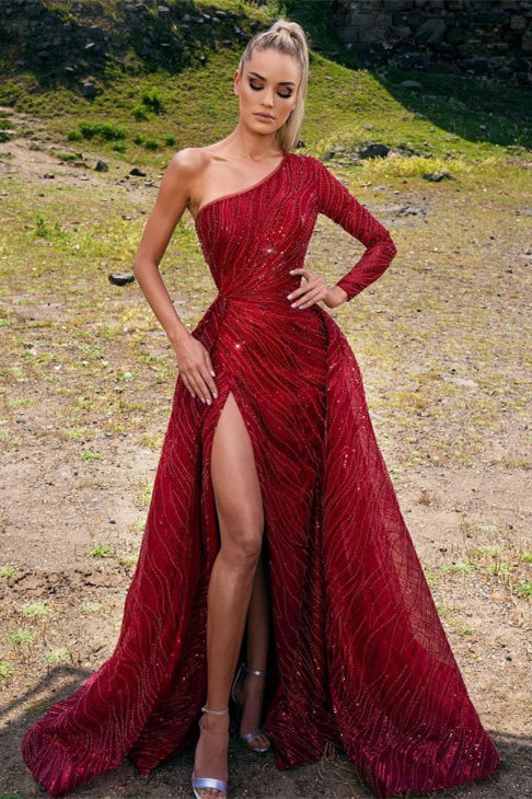 BMbride Gorgeous Red Beading One Shoulder Long A-line Prom Dress With Slit BMbride