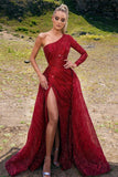 BMbride Gorgeous Red Beading One Shoulder Long A-line Prom Dress With Slit BMbride