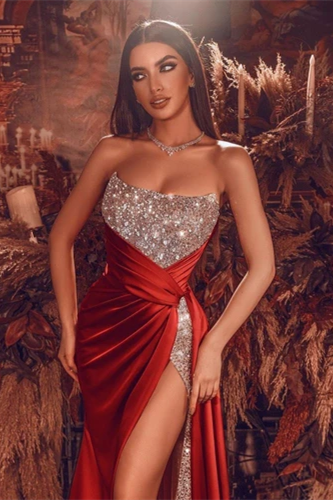 BMbride Gorgeous Red Long Evening Dress With Split Long Beads Prom Gown BMbride