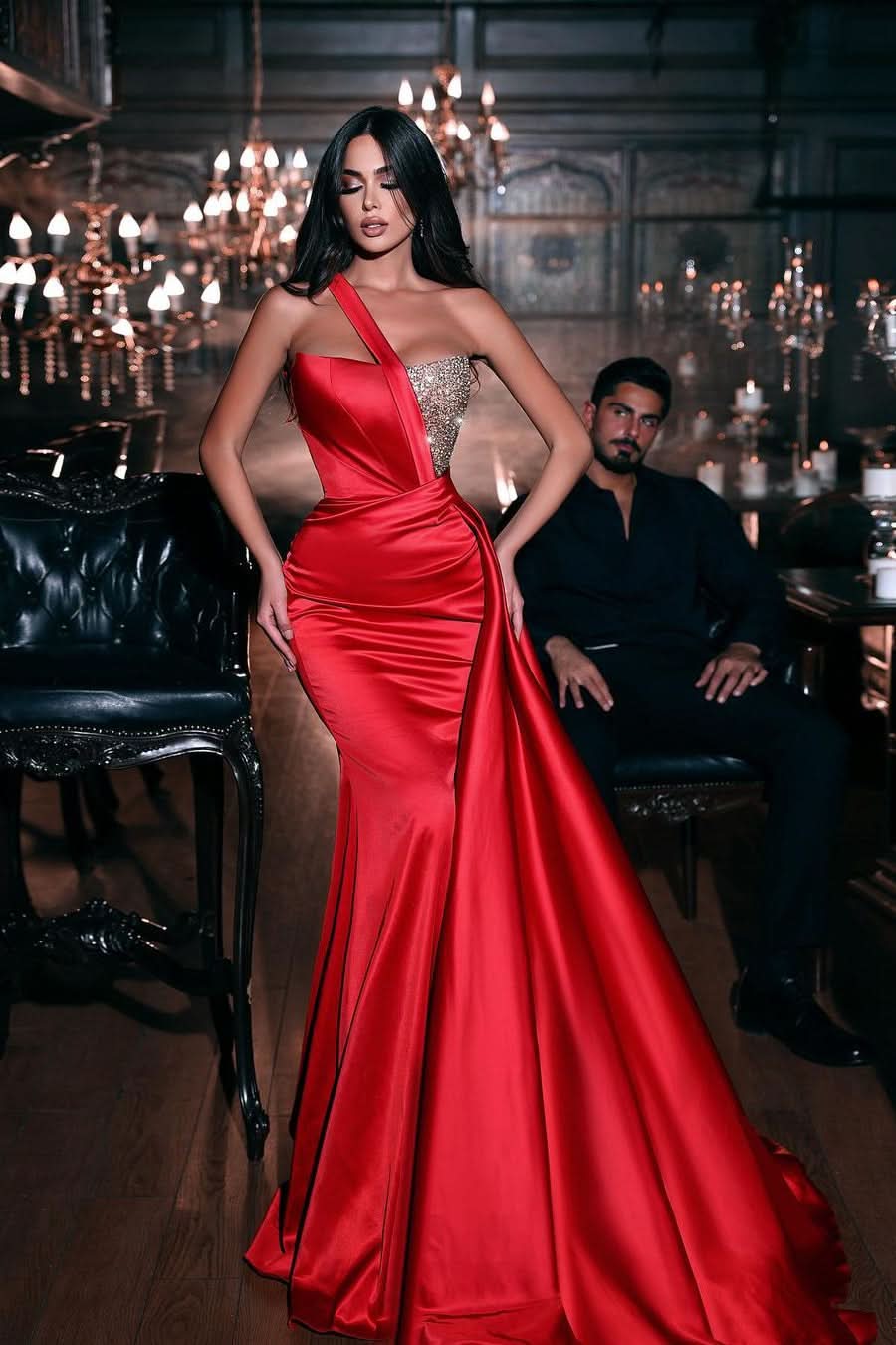 BMbride Gorgeous Red One Shoulder Sequined Sleeveless Mermaid Prom Dress BMbride
